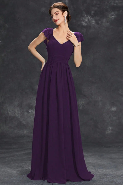 Robe demoiselle d'honneur longue violette avec manches courtes et silhouette princesse pour gala ou mariage.