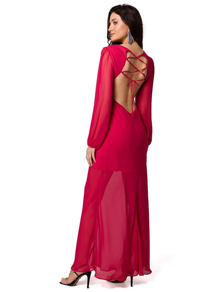 Robe soirée chic rouge longue à manches longues et dos nu pour événements élégants et occasions festives.