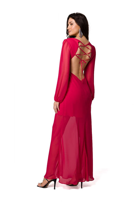 Robe soirée chic rouge longue à manches longues et dos nu pour événements élégants et occasions festives.