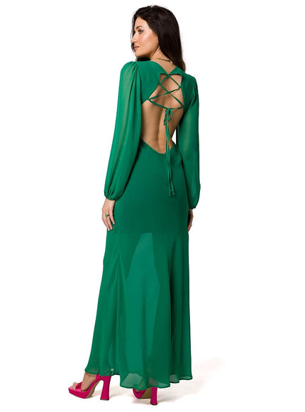 Robe soirée verte longue élégante avec dos nu et manches longues pour gala ou mariage, style chic et raffiné.