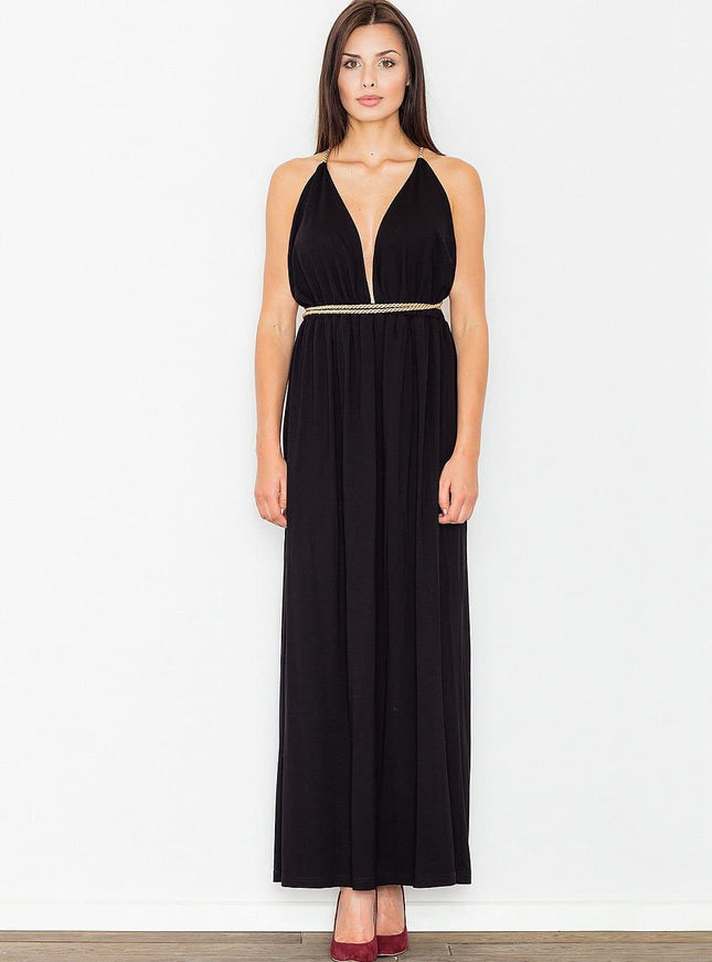 Robe soirée chic noire longue, idéale pour gala ou nouvel an, avec décolleté plongeant et ceinture dorée.