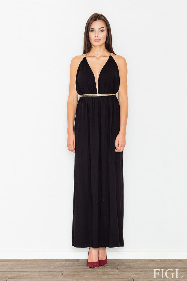 Robe soirée chic noire longue, idéale pour gala ou nouvel an, avec décolleté plongeant et ceinture dorée.