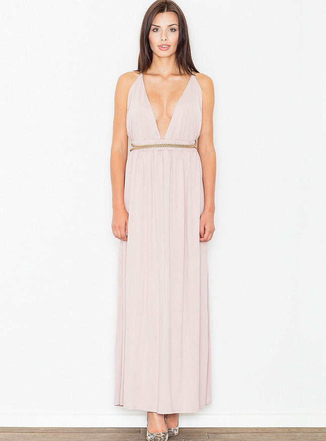 Robe soirée chic rose longue sans manches pour mariage invité avec décolleté et ceinture brillante.