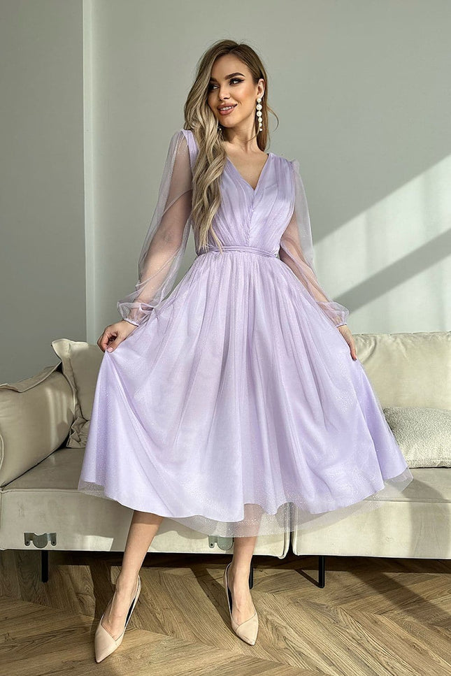 Robe soirée chic midi moulante violette aux manches courtes en tulle, idéale pour évènement élégant.