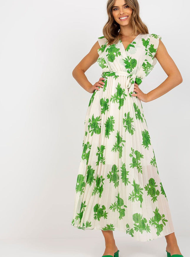 Robe d'été midi verte à motif floral bohème pour femme sans manches, parfaite pour un look casual chic en journée.