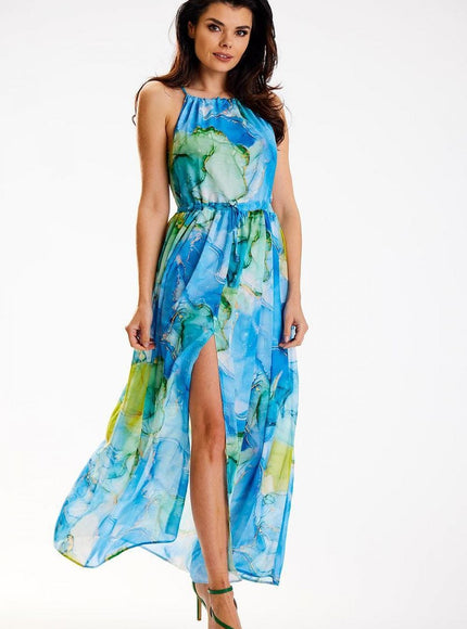 Robe soirée fleurie fendue sans manches couleur bleue verte longueur longue pour mariage invité chic.