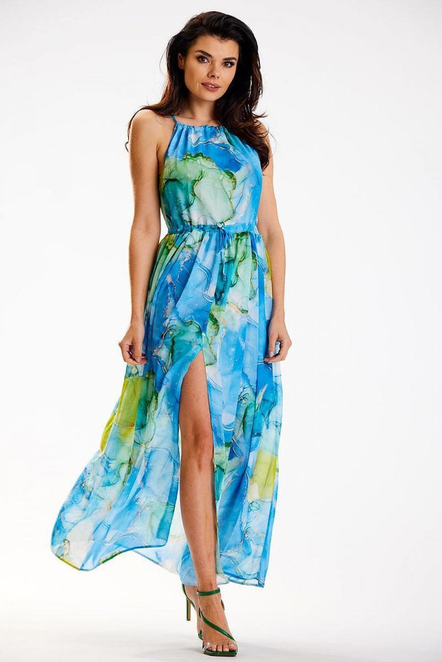 Robe soirée fleurie fendue sans manches couleur bleue verte longueur longue pour mariage invité chic.