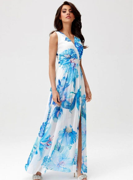 Robe fleurie bleue longue d'été trapèze sans manches idéale pour une soirée chic ou un événement de jour comme un mariage.