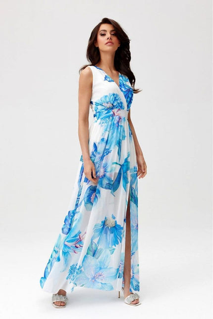 Robe fleurie bleue longue d'été trapèze sans manches idéale pour une soirée chic ou un événement de jour comme un mariage.