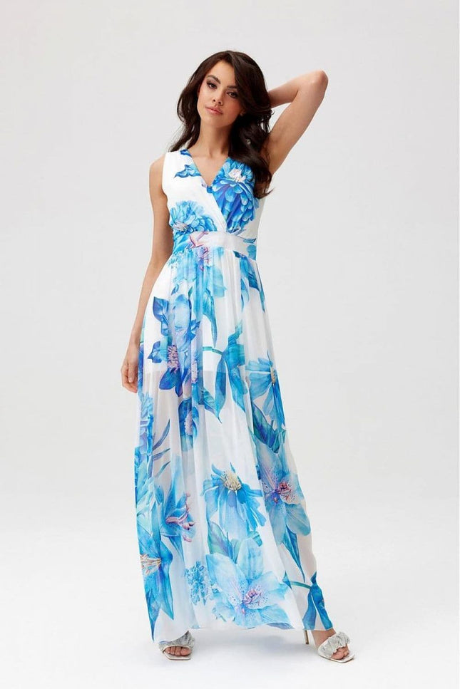 Robe fleurie bleue longue d'été, sans manches, col en V, idéale pour plage ou soirée, style bohème et fluide.