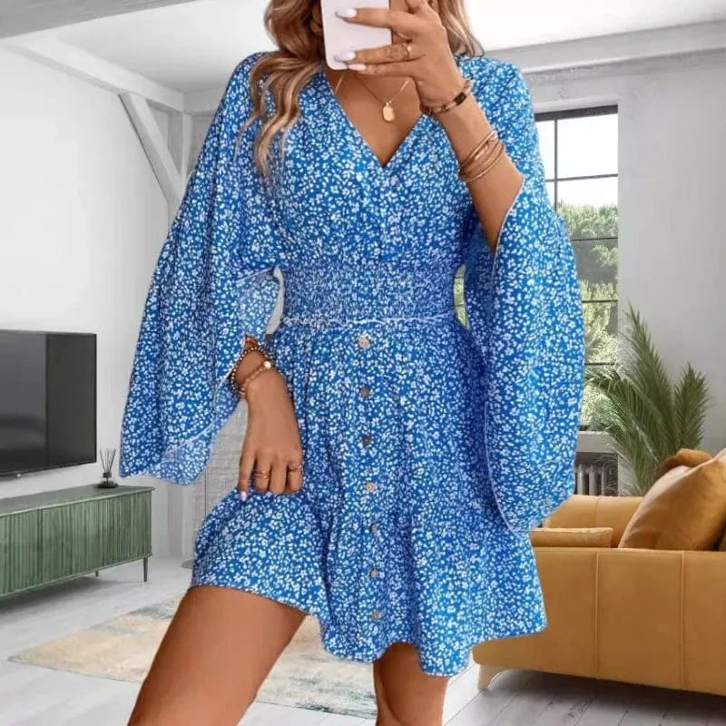 Robe Bohème Robe En Soie Chic Courte Robe Mi-Longue Femme Col V Manches Courtes Imprimé Floral Longue