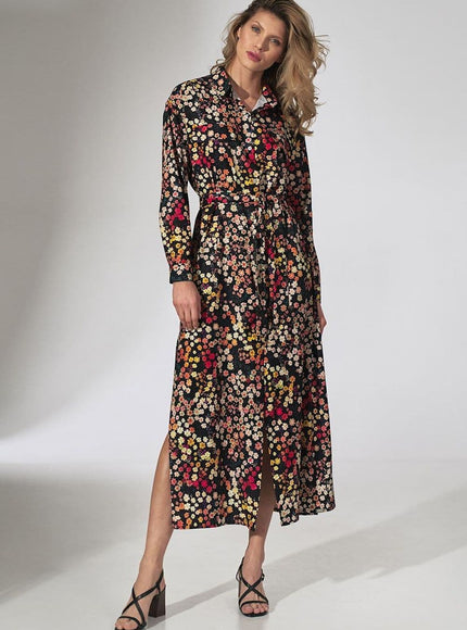 Robe bohème fleurie noire midi à manches longues pour look chic et décontracté, idéale pour soirées ou événements casual.