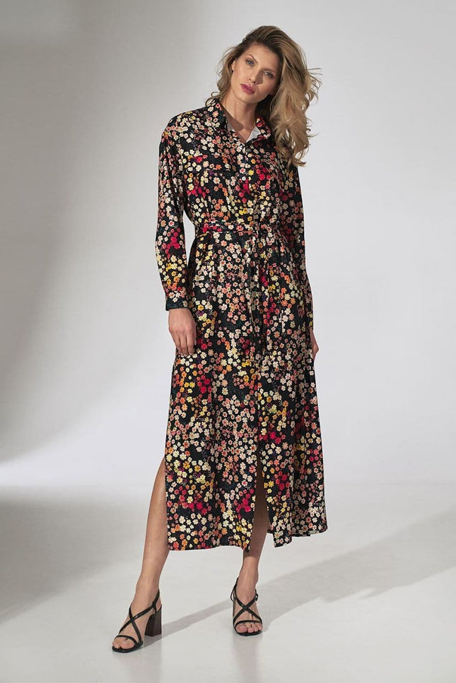 Robe bohème fleurie noire midi à manches longues pour look chic et décontracté, idéale pour soirées ou événements casual.