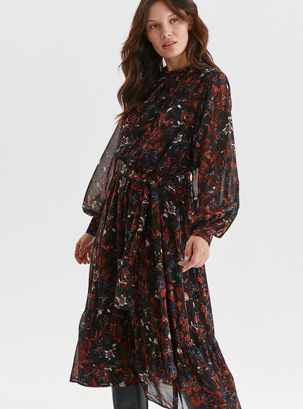 Robe soirée fleurie longue manches longues noire et rouge pour gala ou cocktail chic et élégante, silhouette trapèze, en tulle, parfaite pour printemps-été.