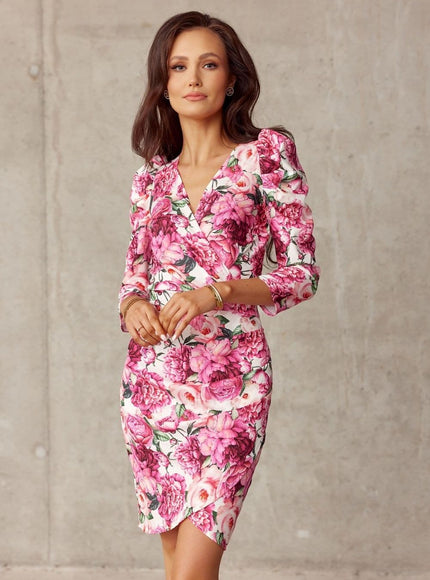 Robe fleurie chic midi à manches longues idéale pour un cocktail ou événement printanier.