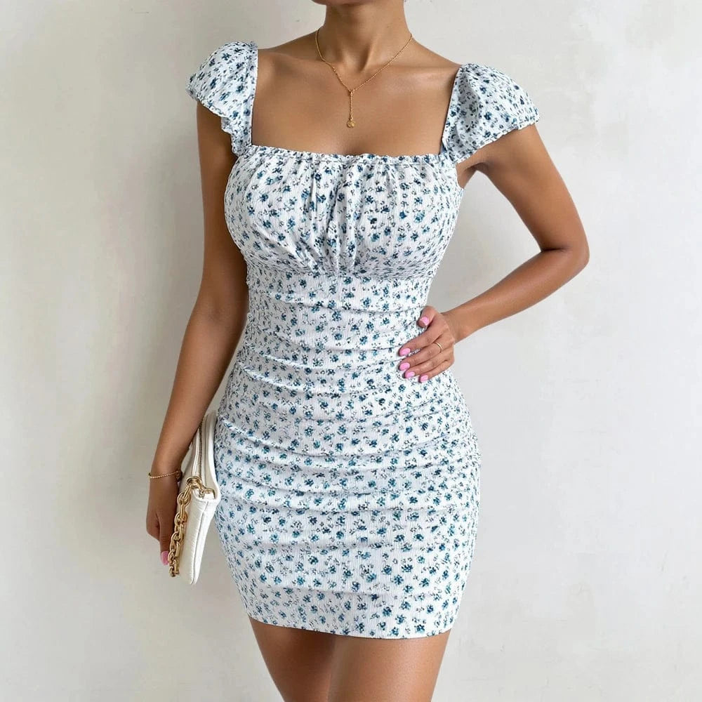 Robe fleurie courte moulante col carré