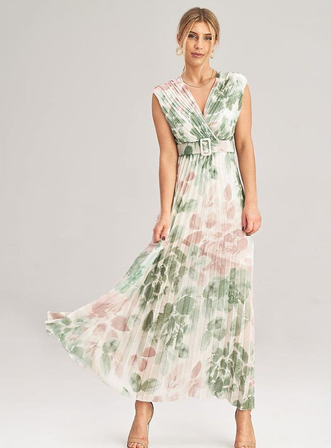 Robe soirée fleurie verte longue, style bohème chic, taille empire, sans manches idéale pour mariage ou gala.