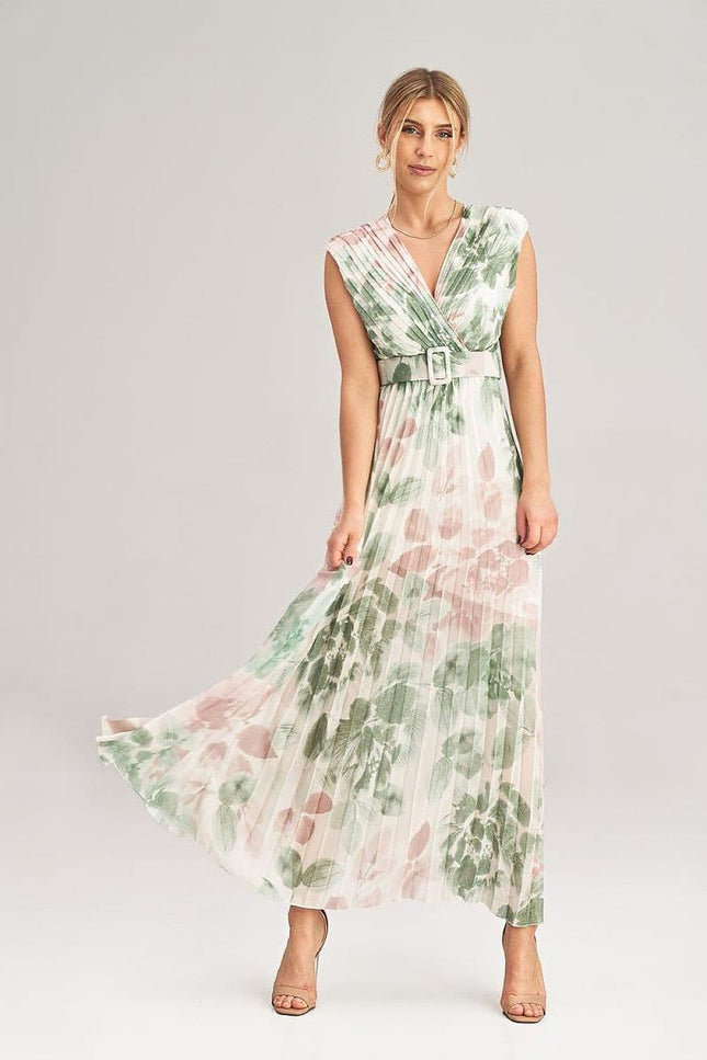 Robe soirée fleurie verte longue, style bohème chic, taille empire, sans manches idéale pour mariage ou gala.