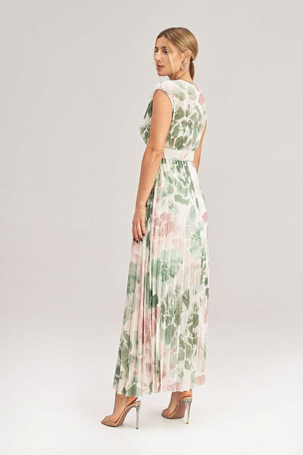 Robe soirée fleurie verte longue sans manches pour femme élégante et chic, idéale pour événements estivaux et galas.