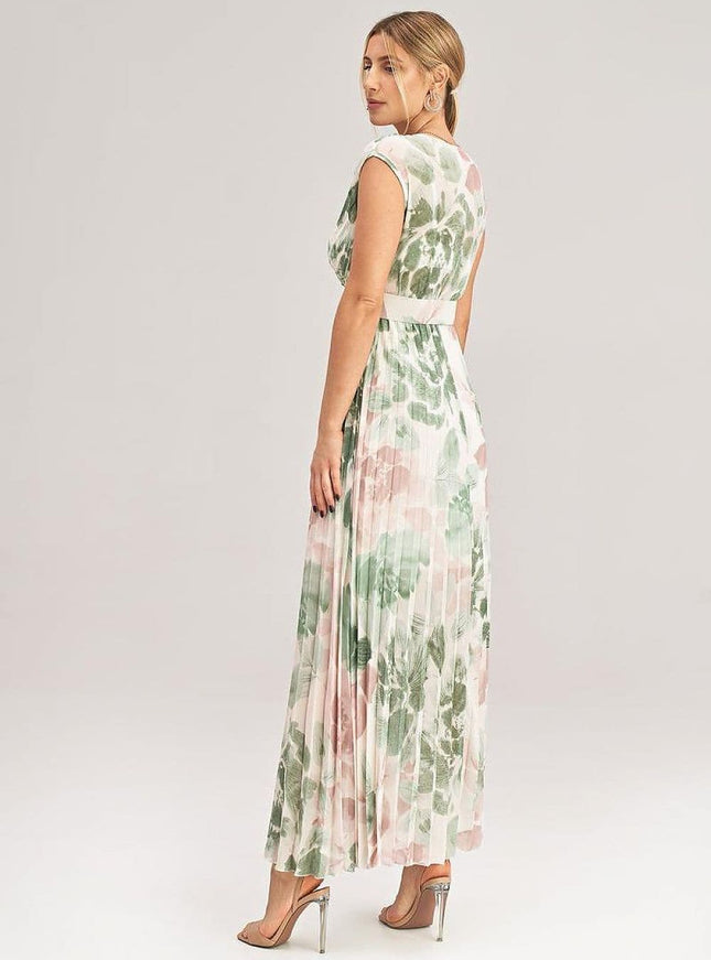 Robe soirée fleurie verte longue sans manches pour femme élégante et chic, idéale pour événements estivaux et galas.