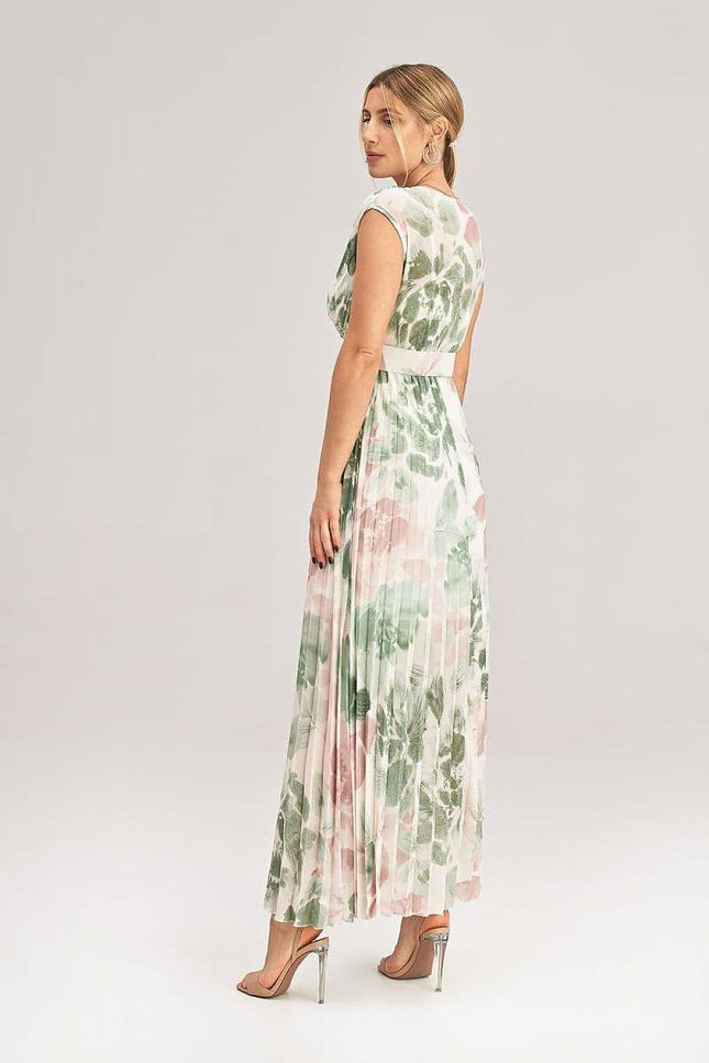 Robe soirée fleurie verte longue sans manches pour femme élégante et chic, idéale pour événements estivaux et galas.