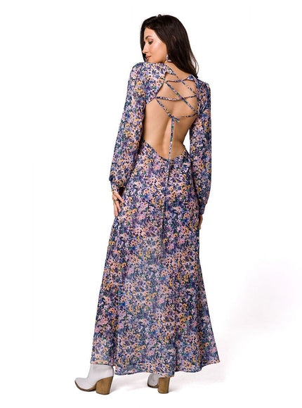 Robe fleurie longue à manche longue et dos nu, idéale pour une soirée ou un mariage champêtre.