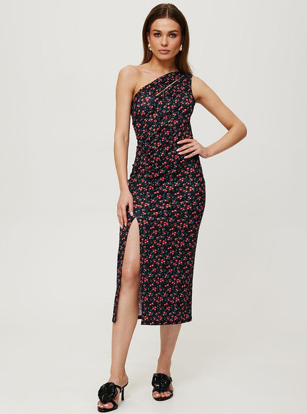 Robe soirée fleurie noire midi moulante une épaule pour cocktail, élégante et tendance avec fente latérale.