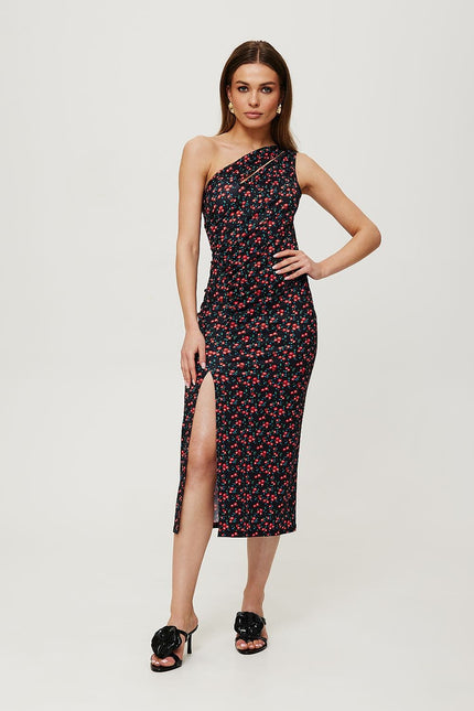 Robe soirée fleurie noire midi moulante une épaule pour cocktail, élégante et tendance avec fente latérale.