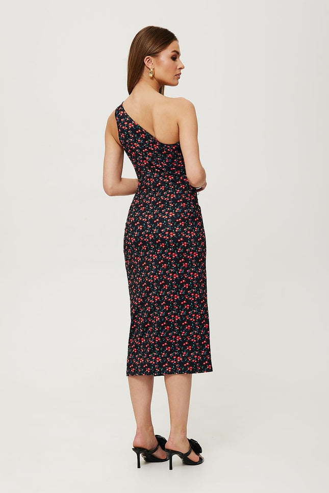 Robe soirée fleurie noire midi moulante sans manches pour cocktail et événements chics.