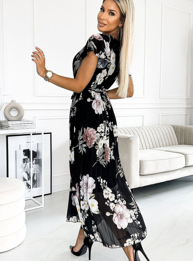 Robe soirée fleurie noire midi à manches courtes pour évènement chic et élégant.