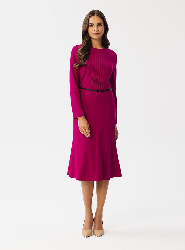 Robe soirée chic rose midi à manches longues élégante pour cocktail et événements formels.