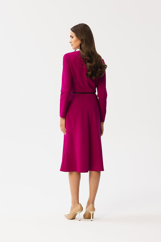 Robe soirée chic rose midi à manches longues, idéale pour un cocktail ou un événement formel, élégance garantie.