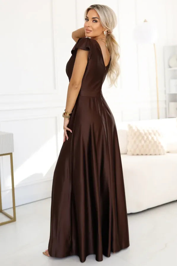 Robe invitée de mariage marron longue satinée