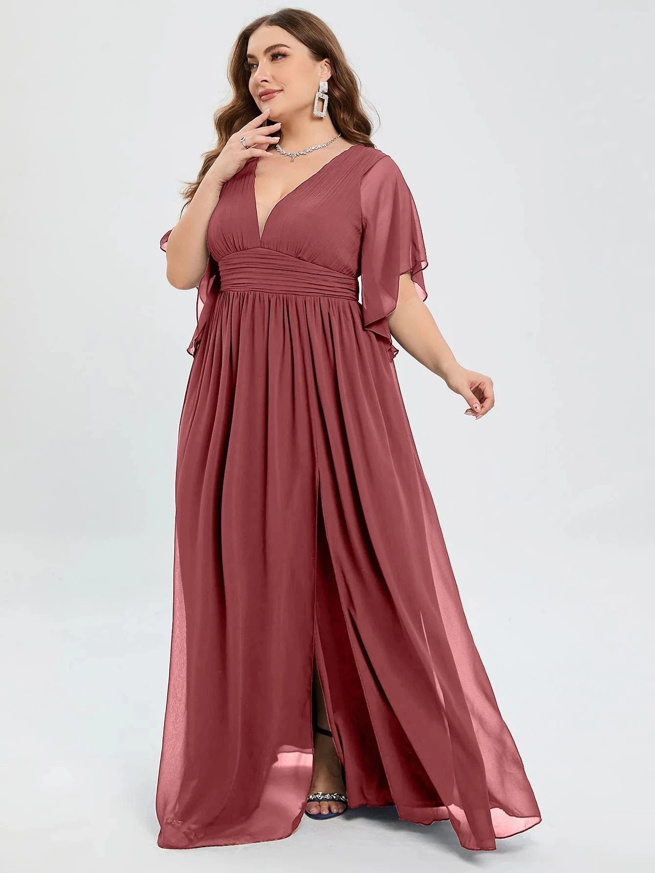 robe invitée mariage grande taille trapèze mauve rosé fluide manches courtes élégante chic