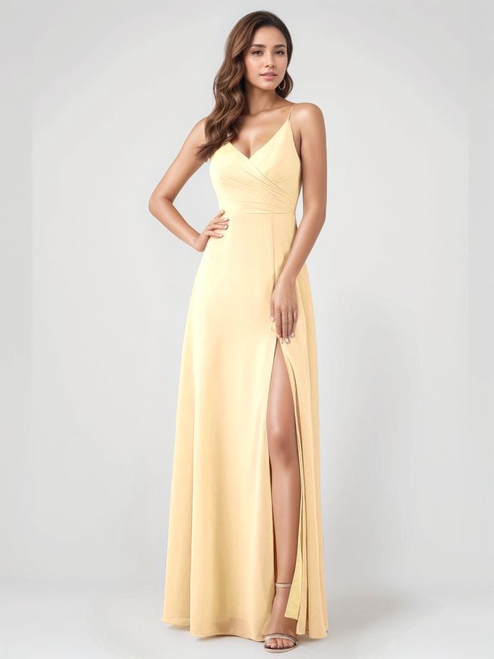 Robe jaune longue fendue pour invitée au mariage