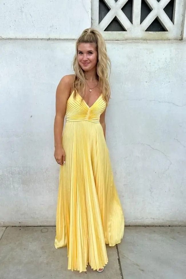 Robe jaune plissée longue à bretelles