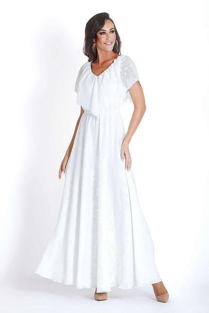 Robe longue blanche fluide manches courtes idéale pour mariage, soirée chic ou événement estival.