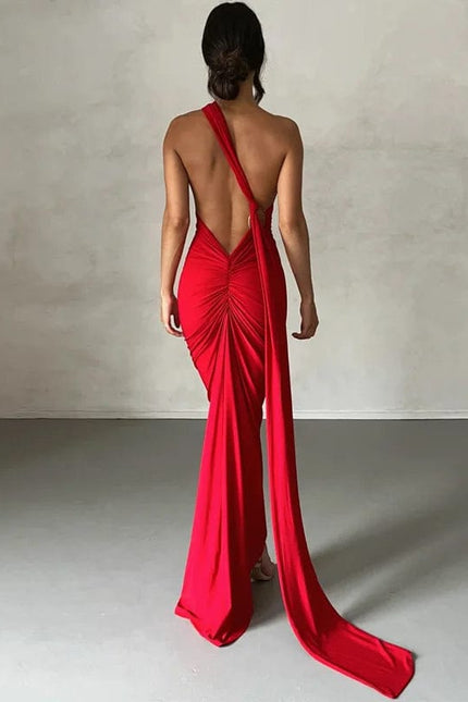 Robe longue dos nu rouge chic soirée manche longue moulante idéale pour cocktail et gala.