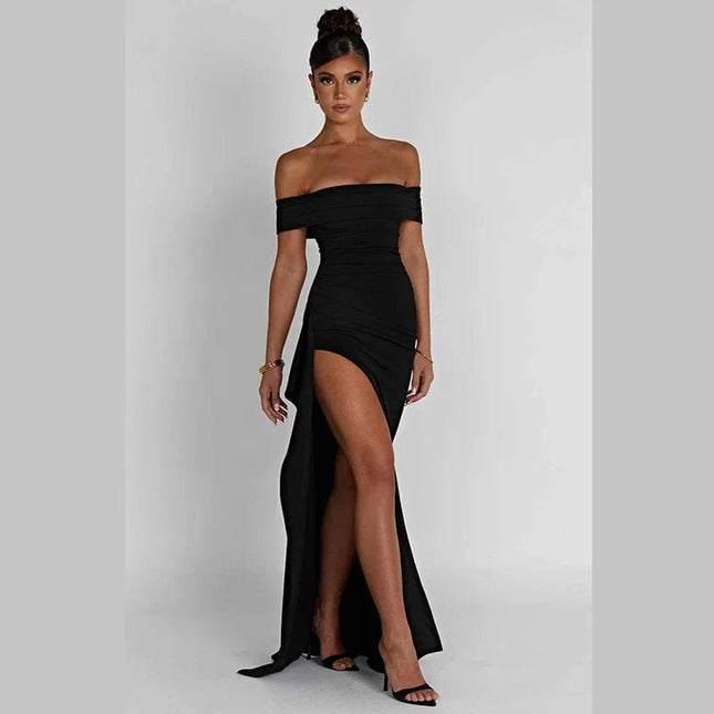 Robe noire longue fendue chic avec épaules dénudées pour soirée ou cocktail