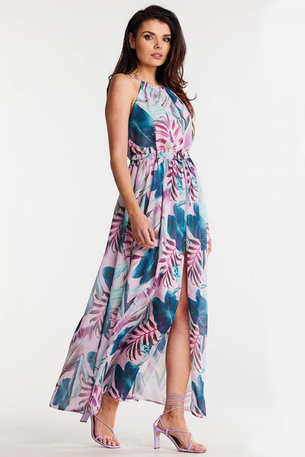 Robe bohème longue sans manches à motif floral bleu et rose pour plage ou soirée d'été