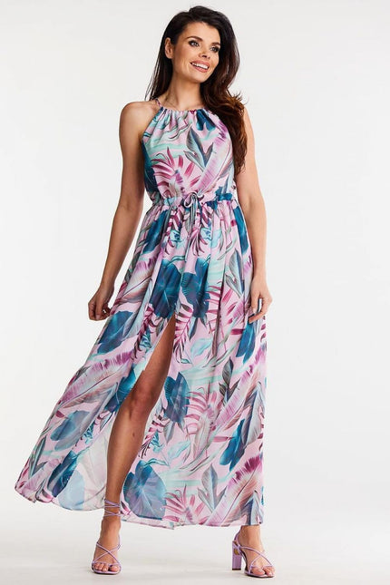 Robe longue fendue à imprimé floral pour cocktail d'été, couleurs rose et bleu, sans manches