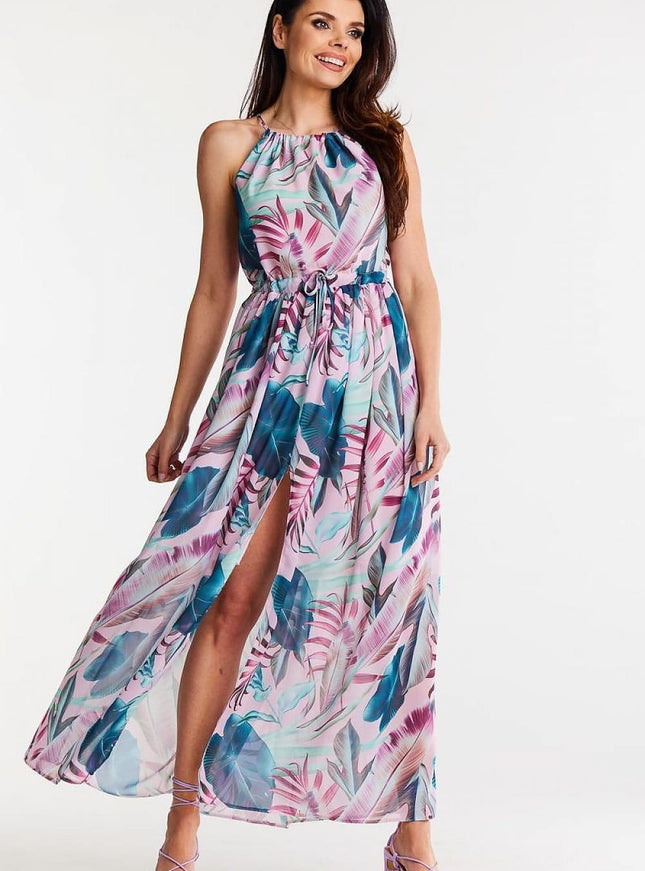 Robe longue fendue à imprimé floral pour cocktail d'été, couleurs rose et bleu, sans manches