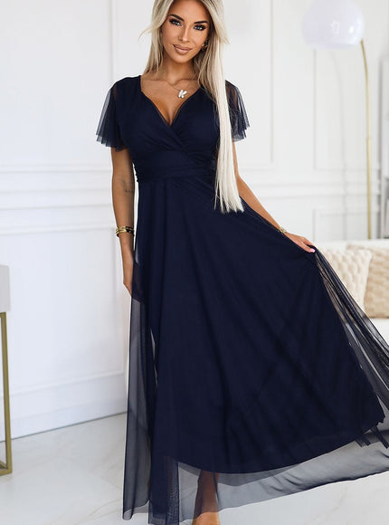 Robe de soirée bleue longue en tulle