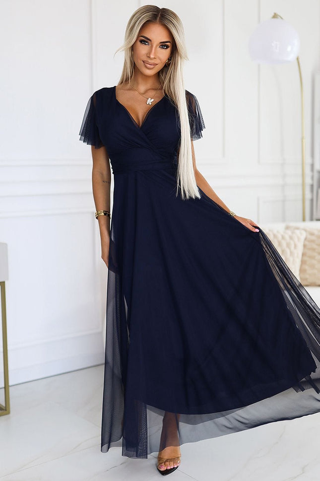 Robe de soirée bleue longue en tulle