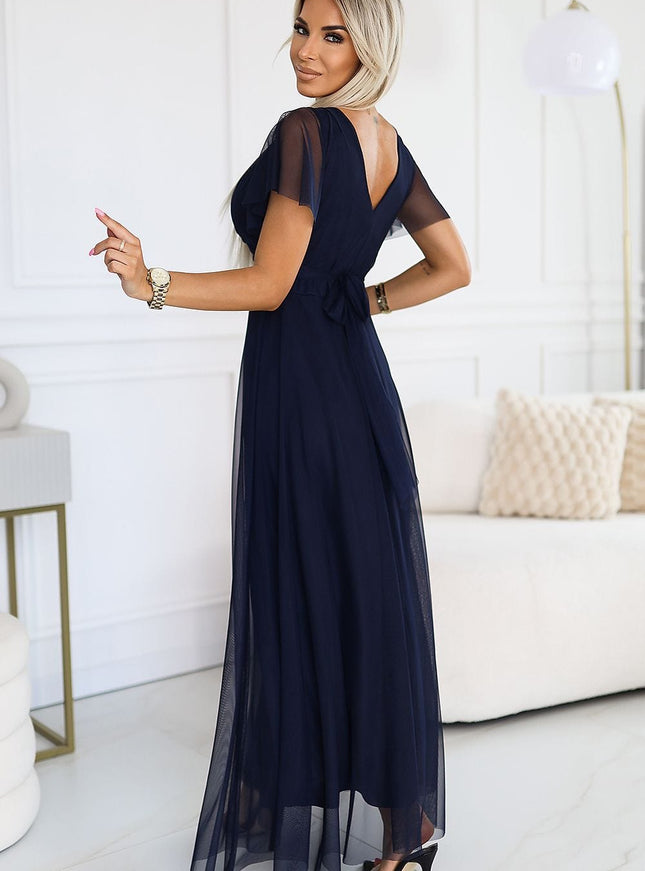 Robe de soirée bleue longue en tulle