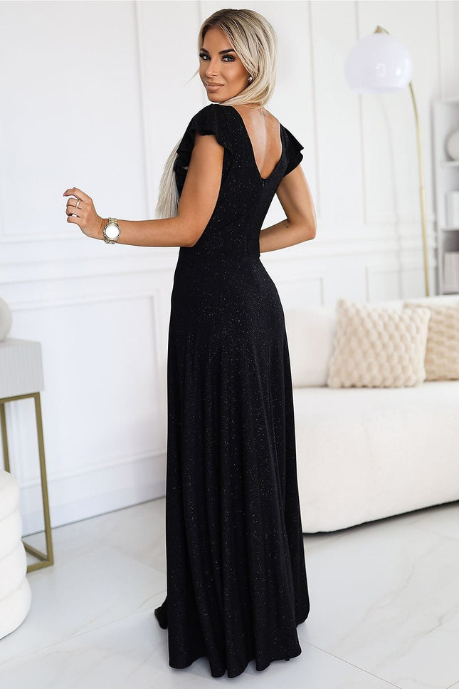 Robe sequin longue fendue manches courtes