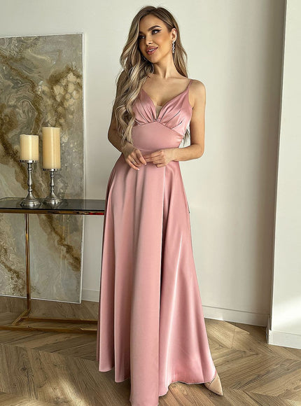 Robe soirée chic rose longue sans manches pour femme, élégante et tendance pour occasions spéciales.