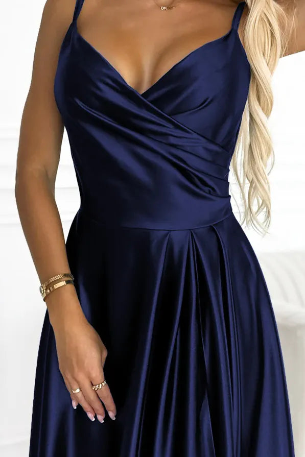 Robe longue satin bleu
