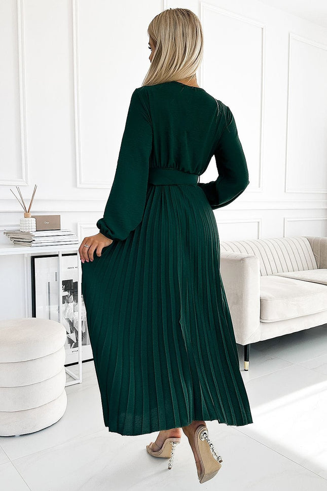 Robe soirée chic verte longue à manches longues pour femme, idéale pour événements élégants et cocktail.