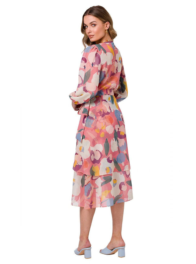 Robe fleurie midi à manches longues, style bohème chic pour cocktail ou soirée, couleur rose poudré.